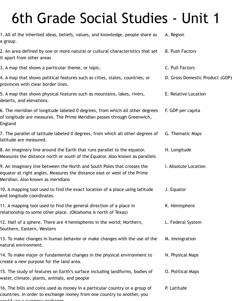 6th Grade Social Studies - Unit 1 Worksheet