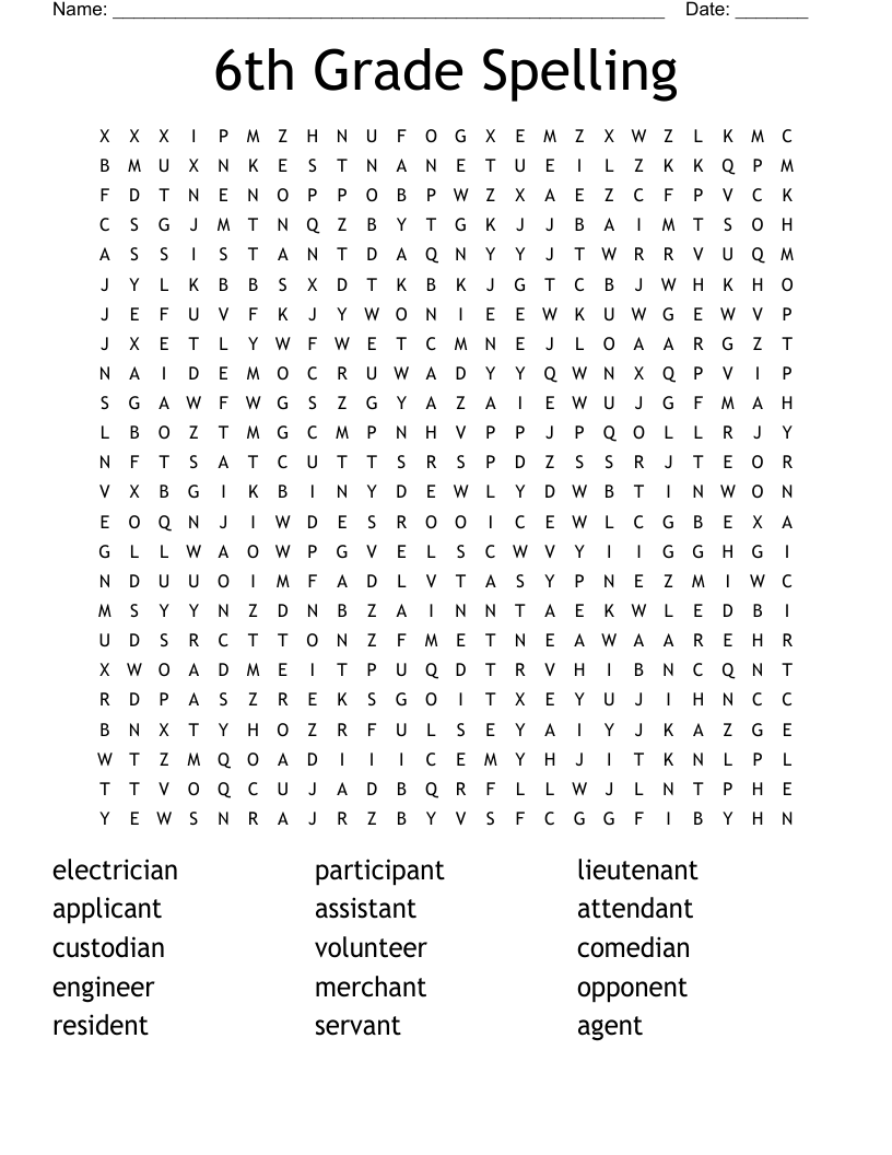 6th Grade Spelling Word Search