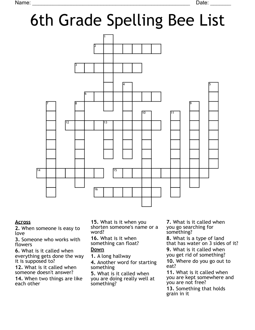 6th Grade Spelling Bee List  Crossword