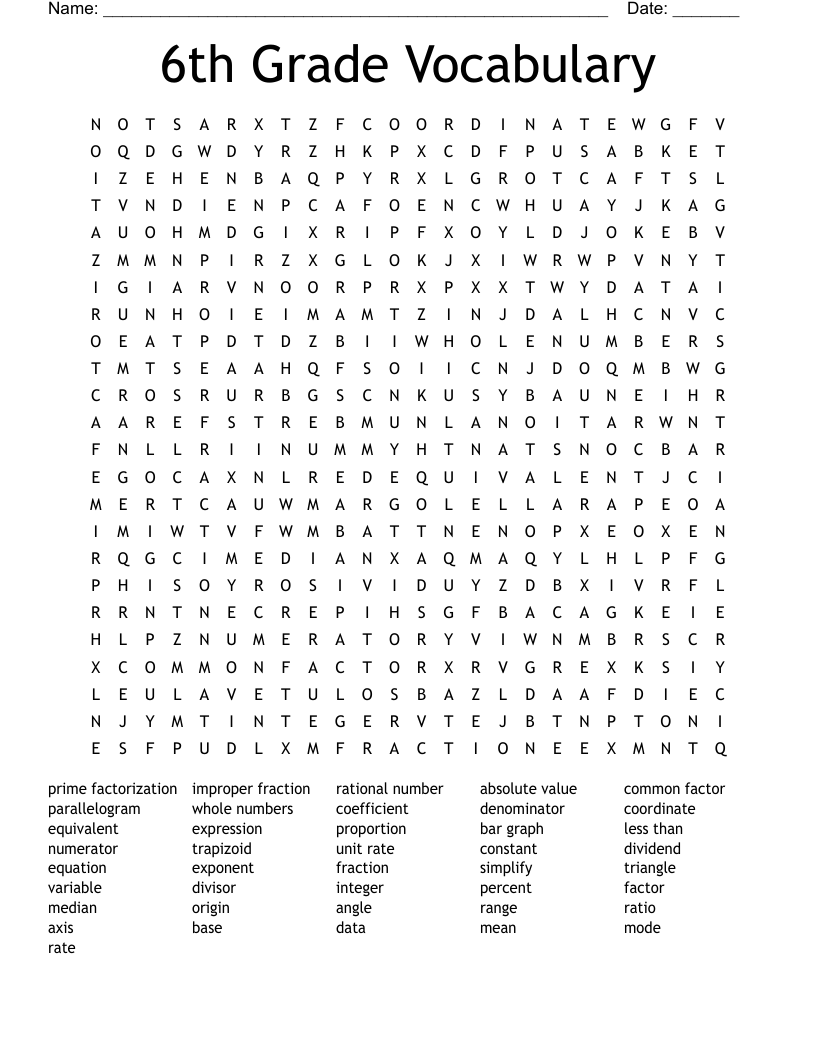 6th Grade Vocabulary Word Search