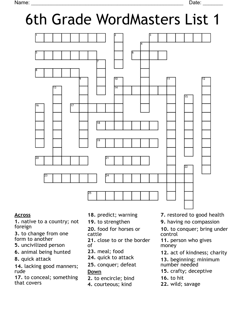 6th Grade WordMasters List 1 Crossword