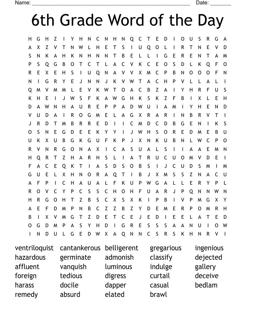 6th Grade Word of the Day Word Search