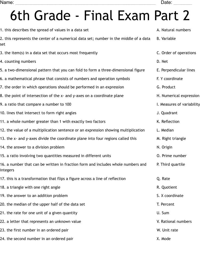 6th Grade - Final Exam Part 2 Worksheet