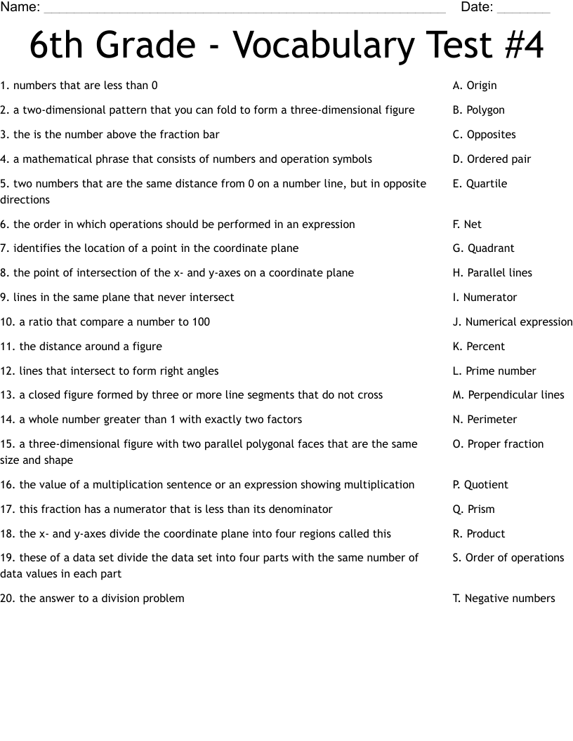 6th Grade - Vocabulary Test #4 Worksheet