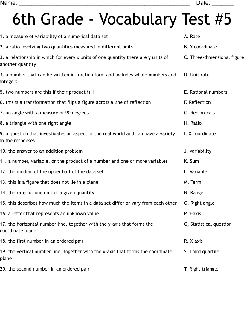 6th Grade - Vocabulary Test #5 Worksheet