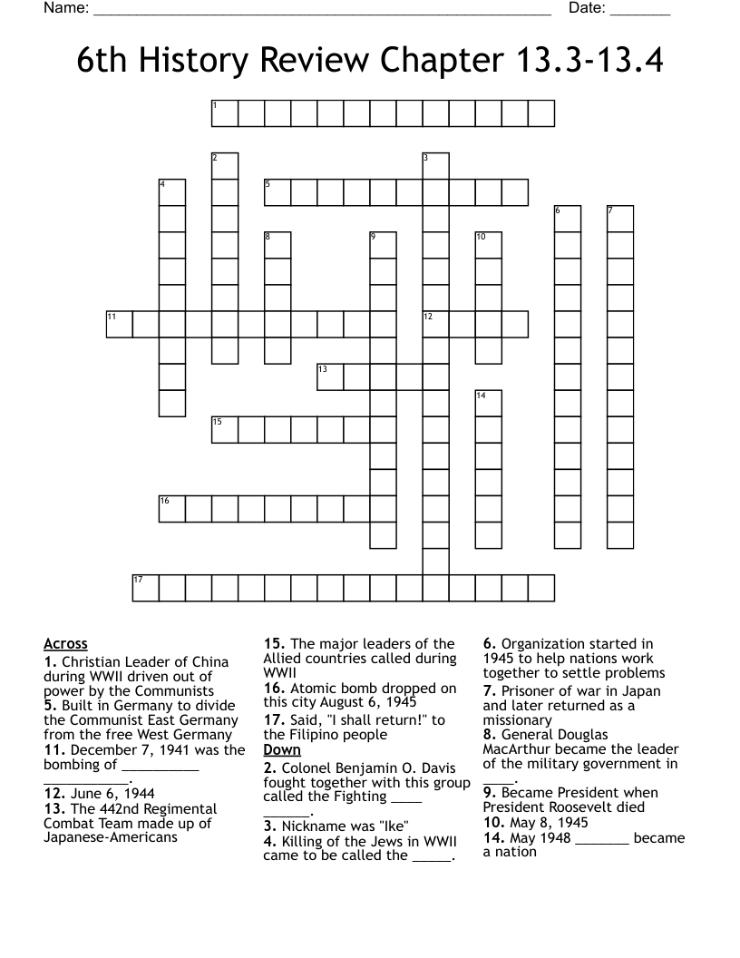 6th History Review Chapter 13.3-13.4 Crossword
