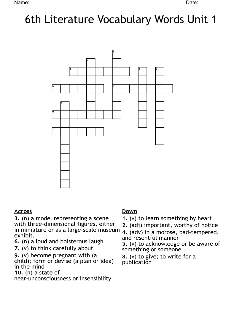 6th Literature Vocabulary Words Unit 1 Crossword