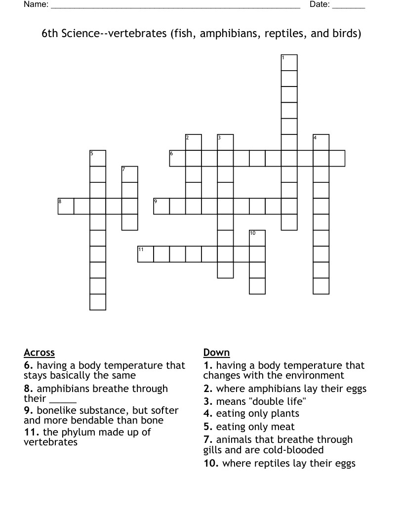 6th Science--vertebrates (fish, amphibians, reptiles, and birds) Crossword