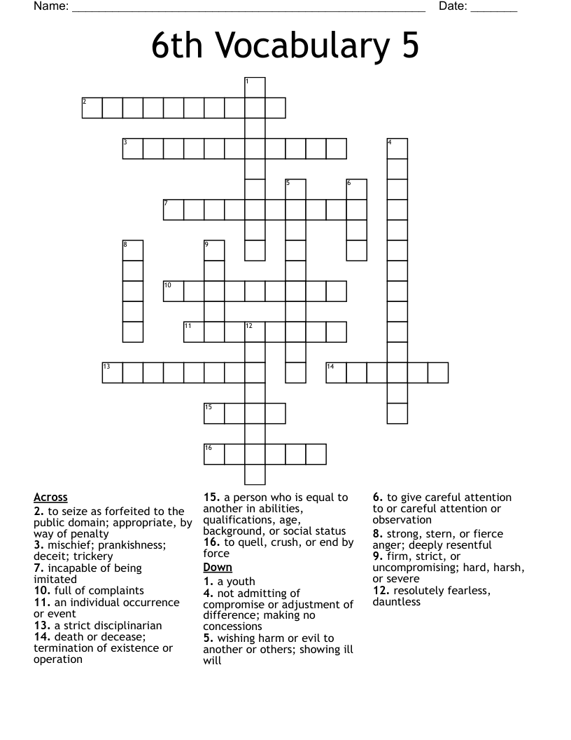 6th Vocabulary 5 Crossword