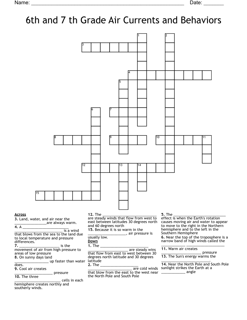 6th and 7 th Grade Air Currents and Behaviors Crossword