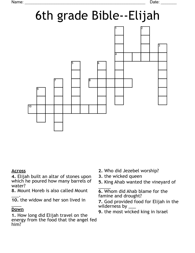 6th grade Bible--Elijah Crossword