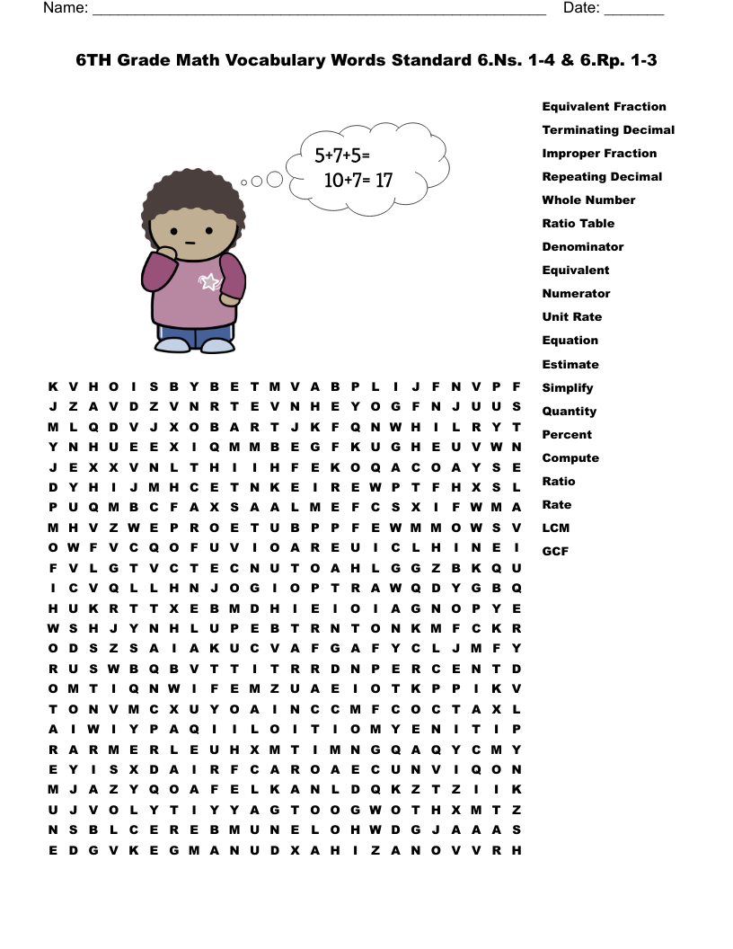 6TH Grade Math Vocabulary Words Standard 6.Ns. 1-4 & 6.Rp. 1-3 Word Search