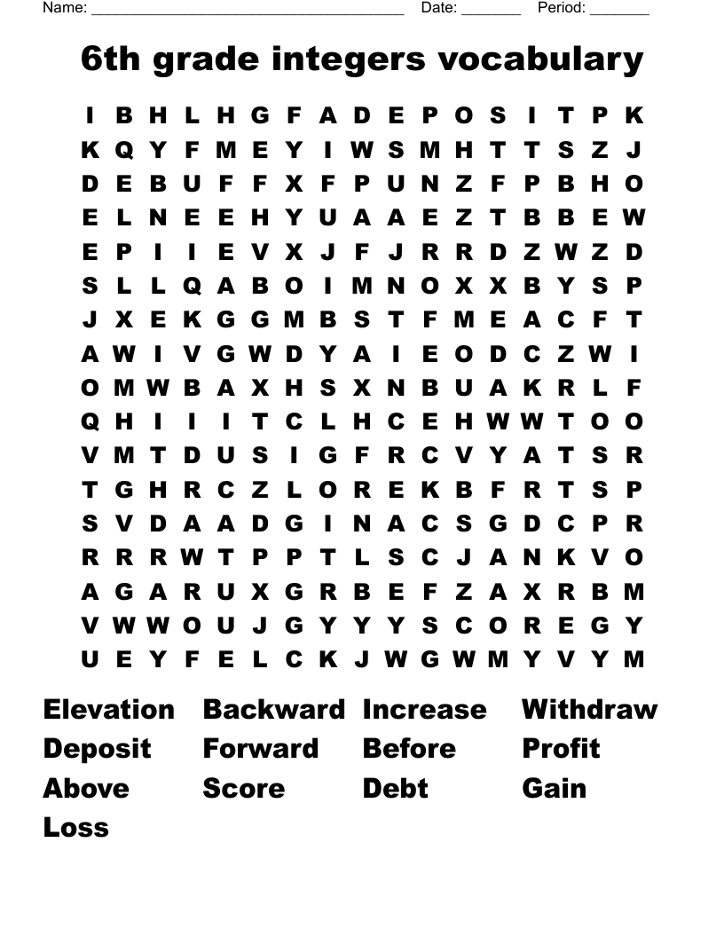 6th grade integers vocabulary  Word Search