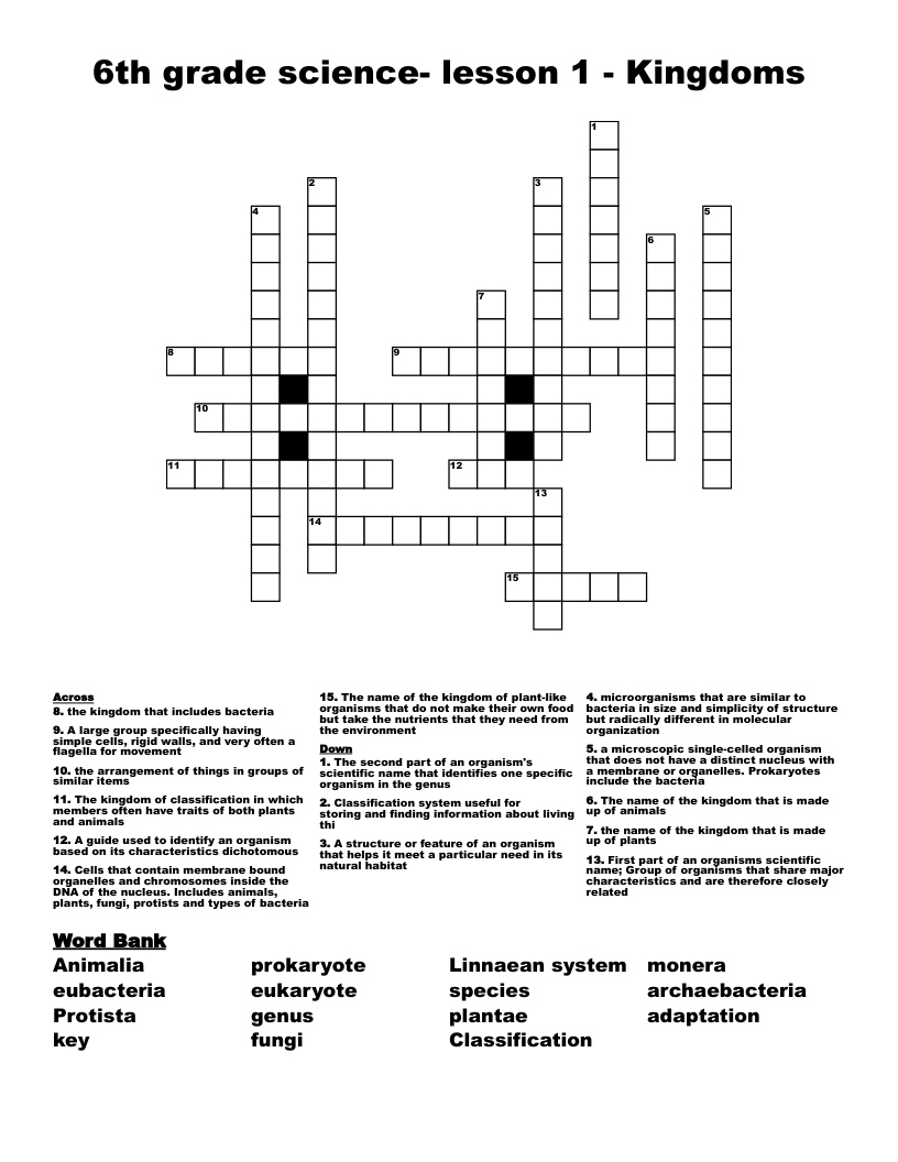 6th grade science- lesson 1 - Kingdoms Crossword