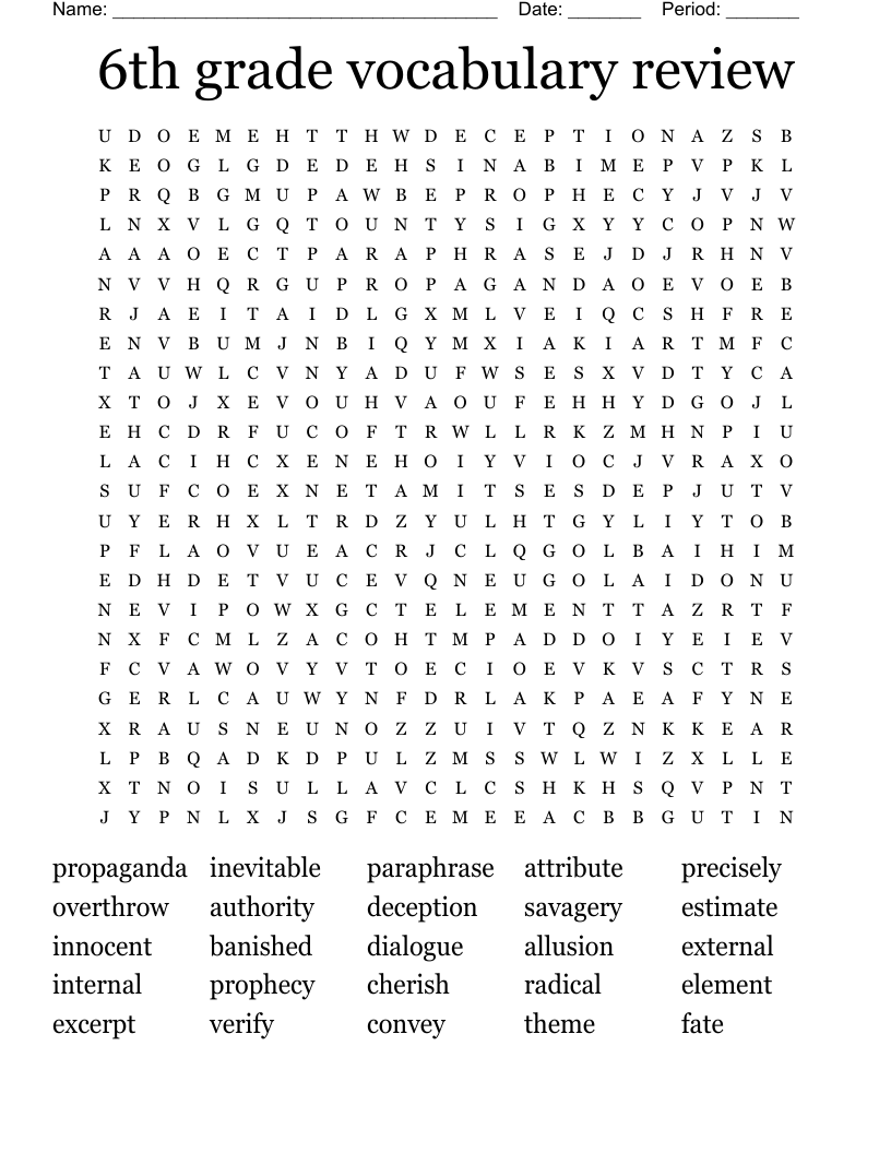 6th grade vocabulary review Word Search