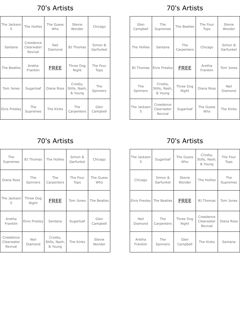 70's Artists Bingo Cards