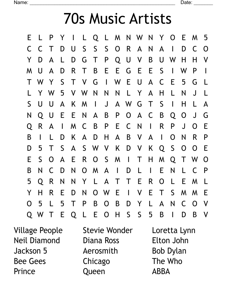 70s Music Artists Word Search