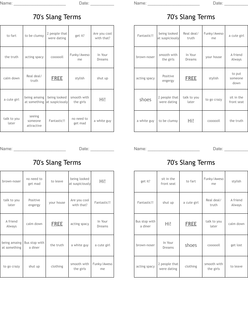 70's Slang Terms  Bingo Cards