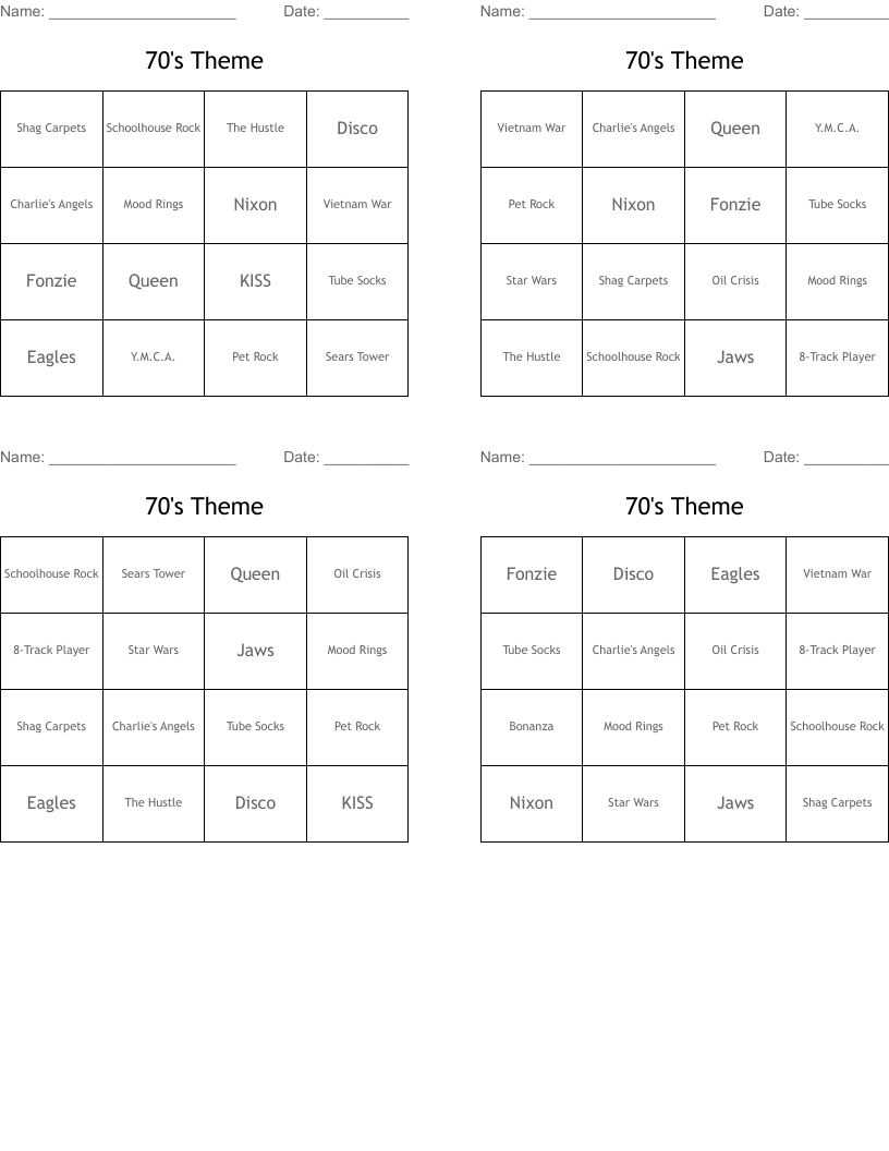 70's Theme Bingo Cards