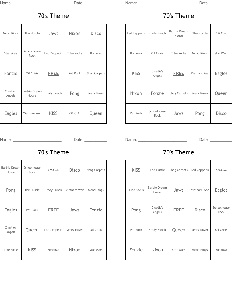 70's Theme Bingo Cards