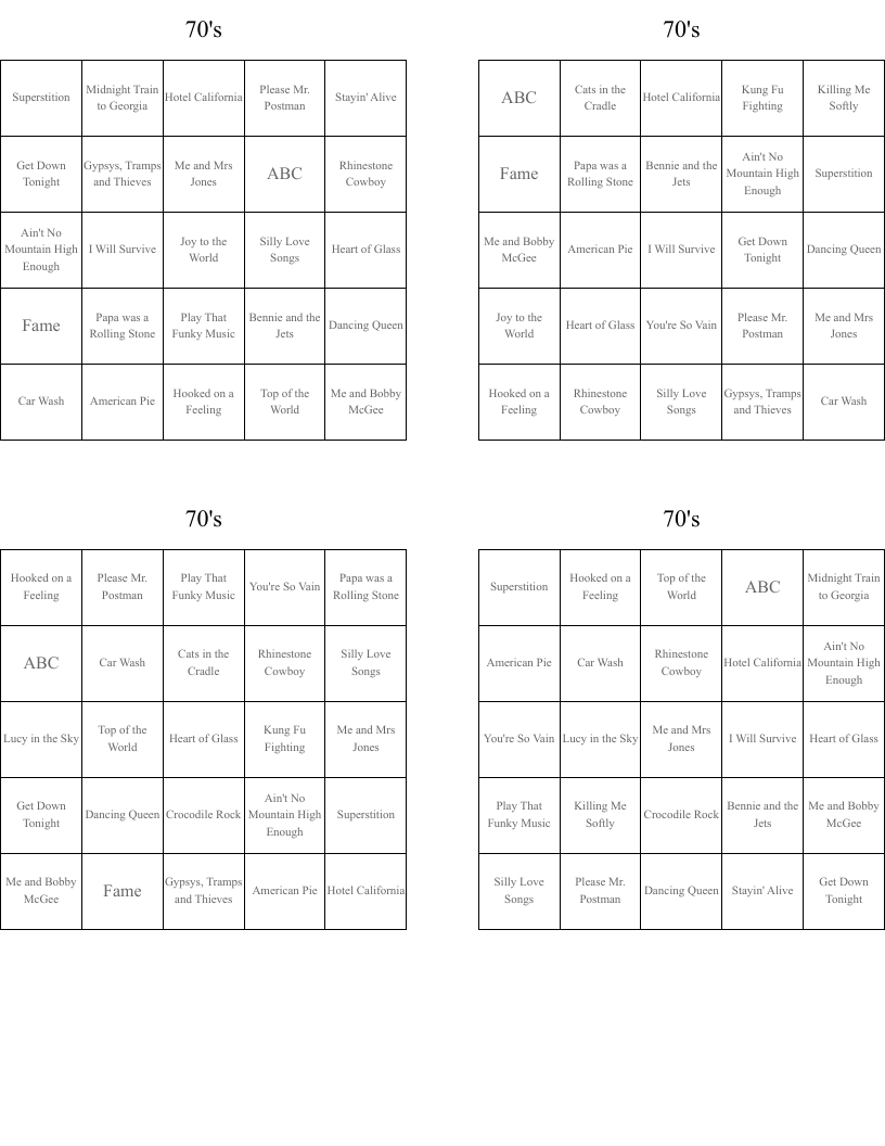 70's  Bingo Cards