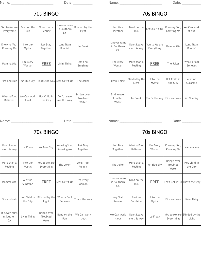 70s  BINGO