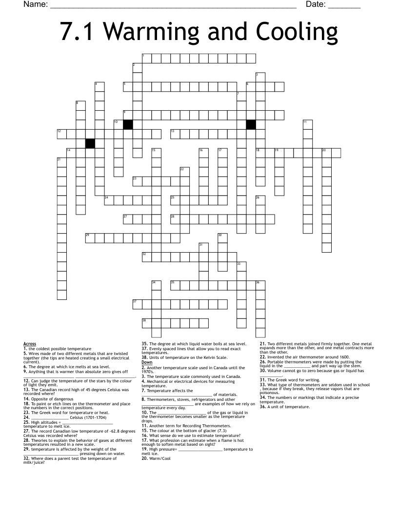 7.1 Warming and Cooling Crossword