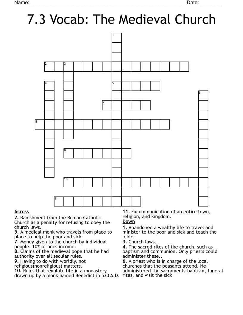 7.3 Vocab: The Medieval Church  Crossword