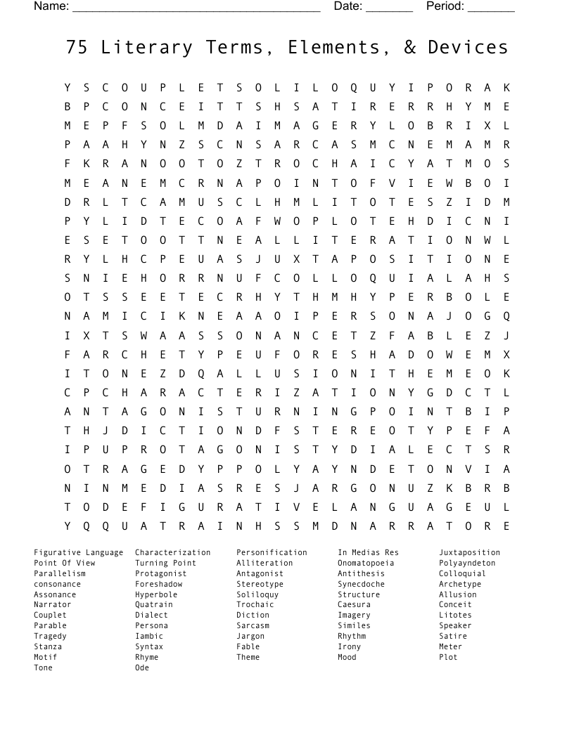 75 Literary Terms, Elements, & Devices  Word Search