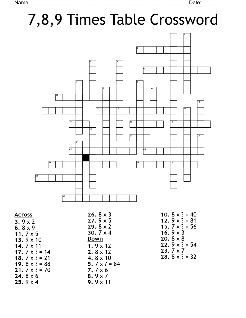 7,8,9 Times Table Crossword 