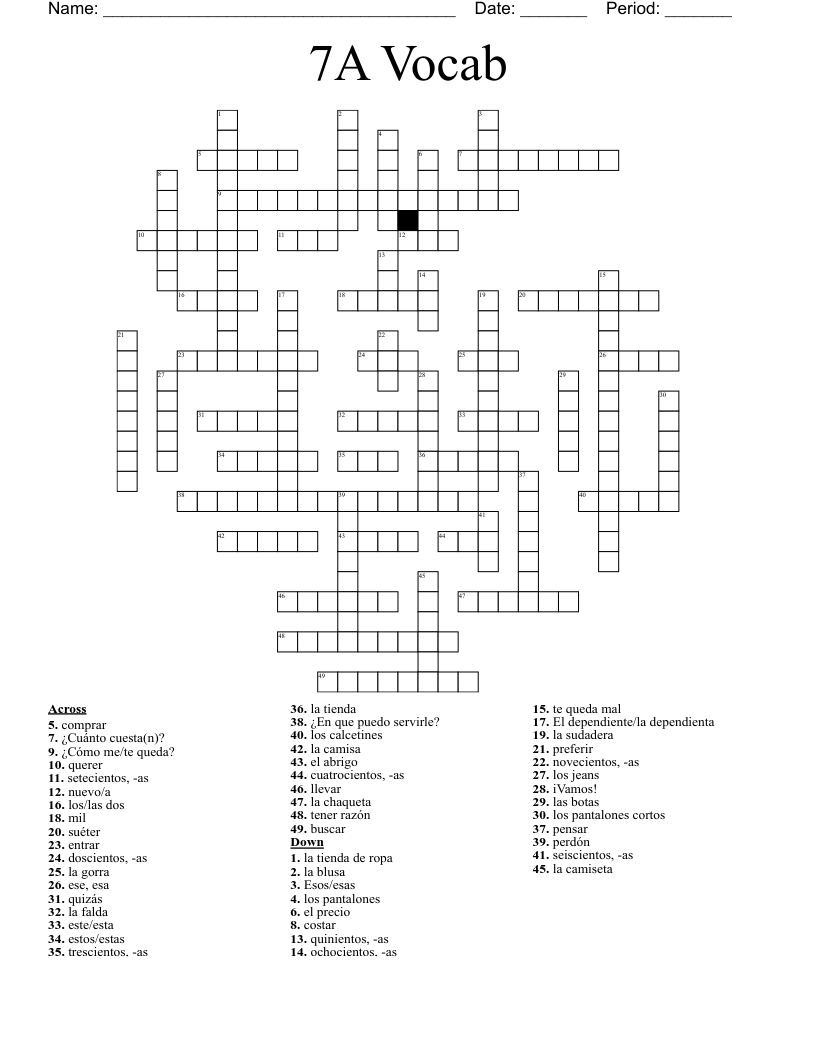7A Vocab Crossword