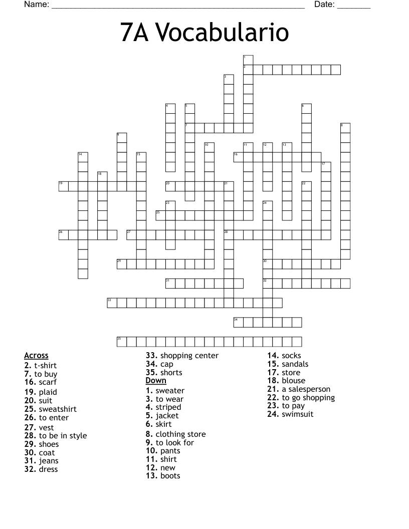 7A Vocabulario Crossword