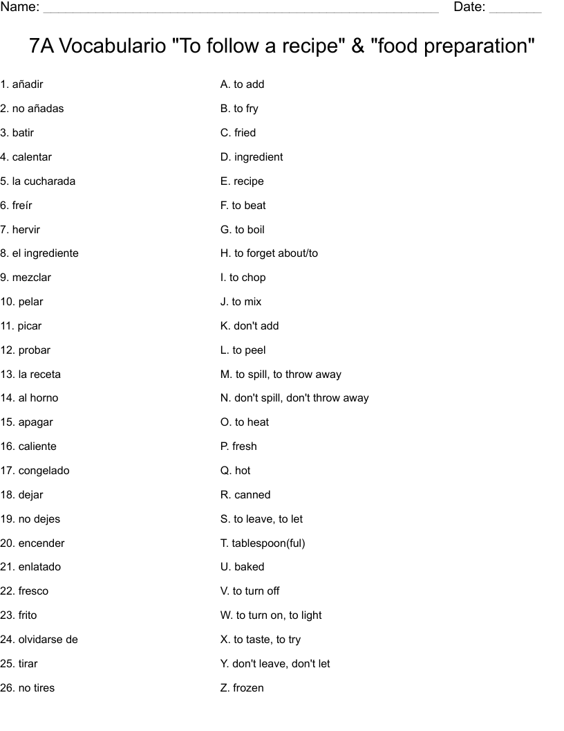 7A Vocabulario "To follow a recipe" & "food preparation" Worksheet