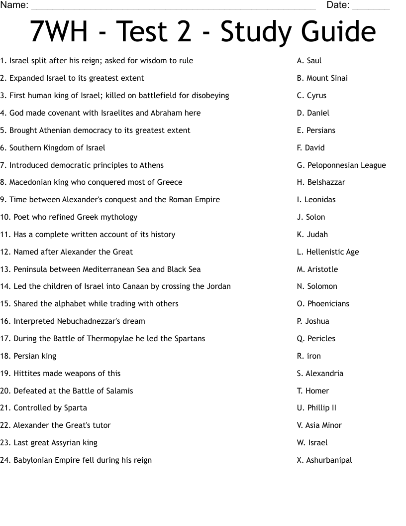 7WH - Test 2 - Study Guide  Worksheet