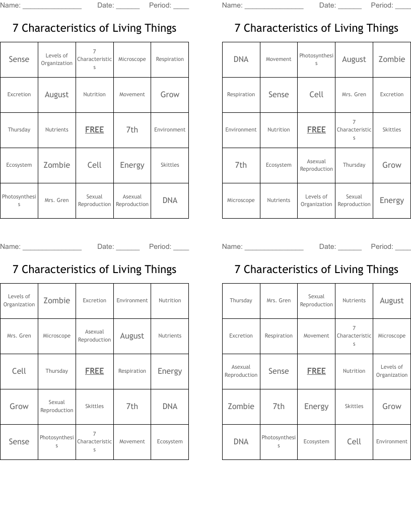 7 Characteristics of Living Things Bingo Cards