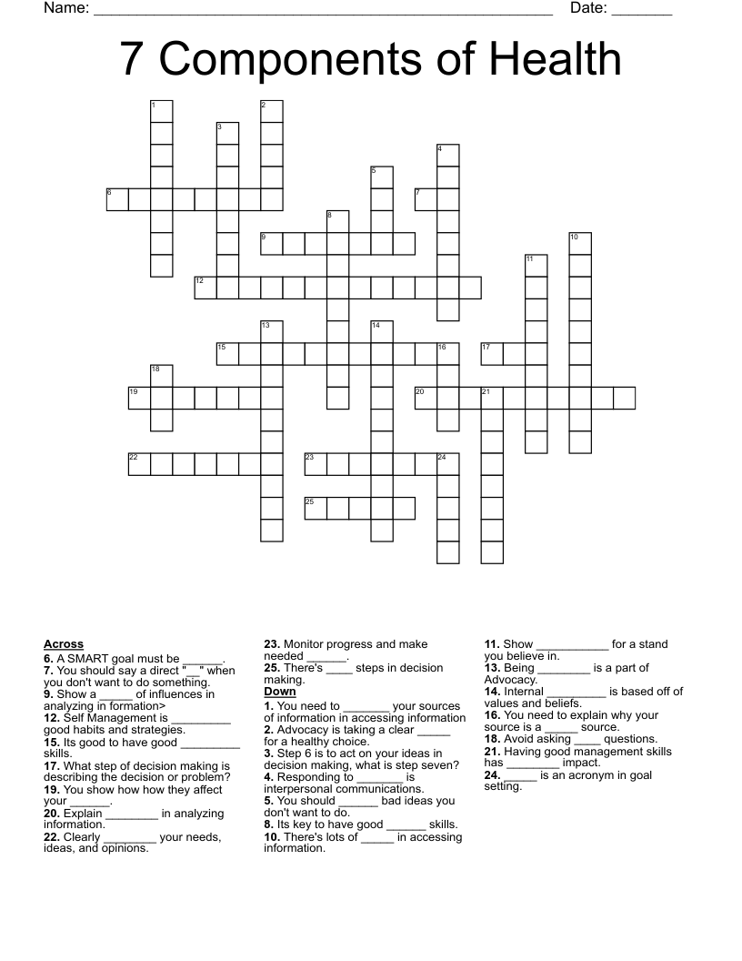 7 Components of Health Crossword