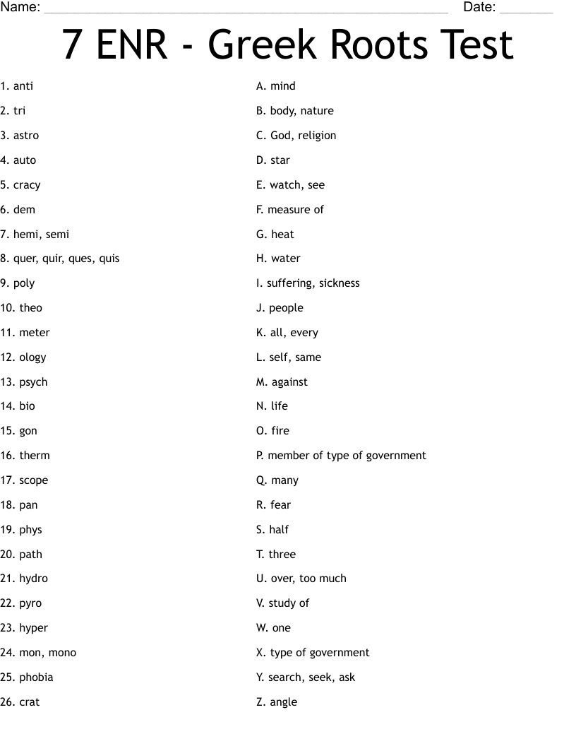 7 ENR - Greek Roots Test  Worksheet