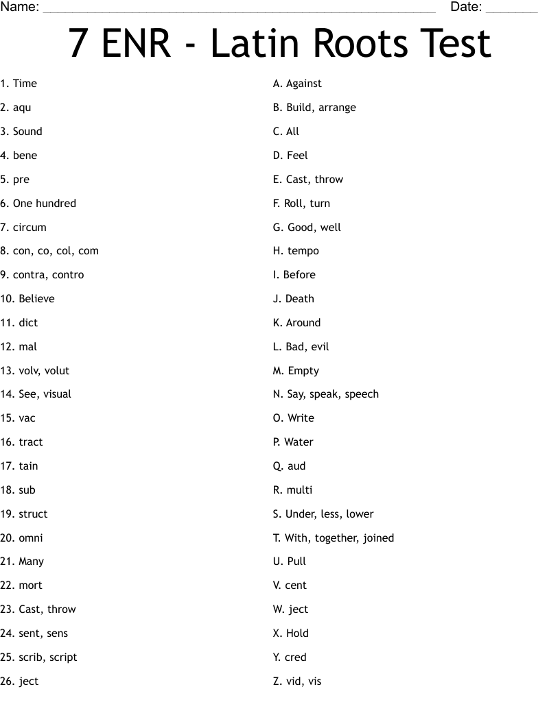 7 ENR - Latin Roots Test  Worksheet