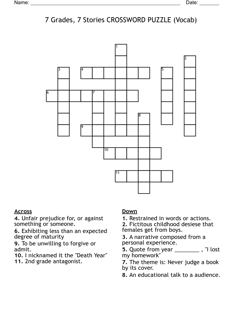 7 Grades, 7 Stories CROSSWORD PUZZLE                    (Vocab)