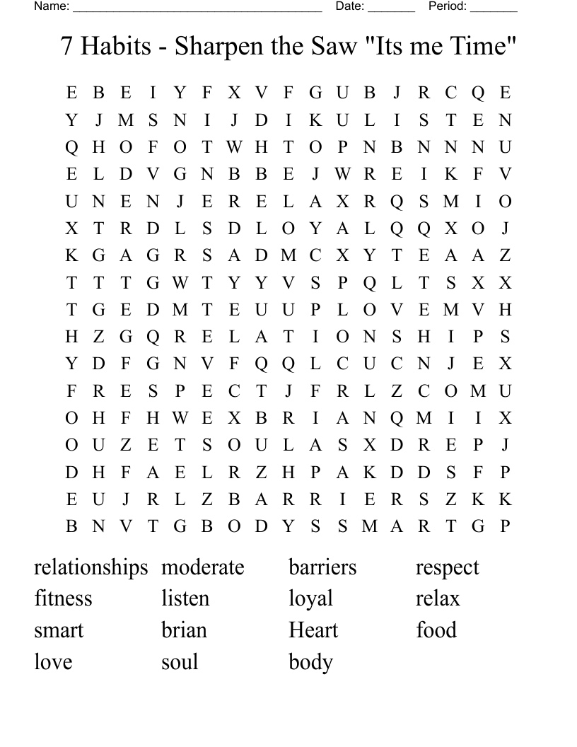 7 Habits - Sharpen the Saw "Its me Time" Word Search