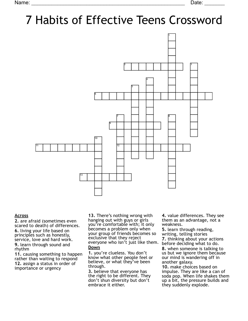 7 Habits of Effective Teens Crossword