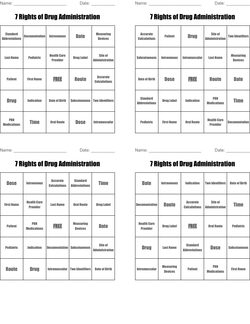 7 Rights of Drug Administration  Bingo Cards