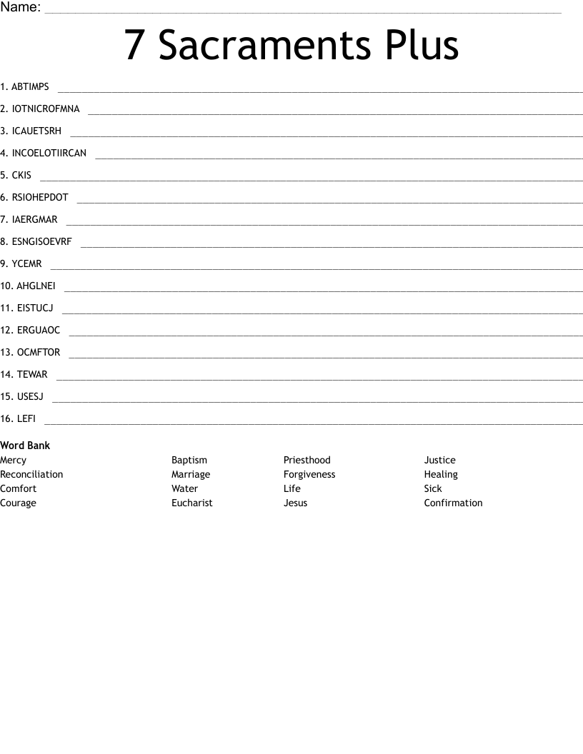 7 Sacraments Plus  Word Scramble