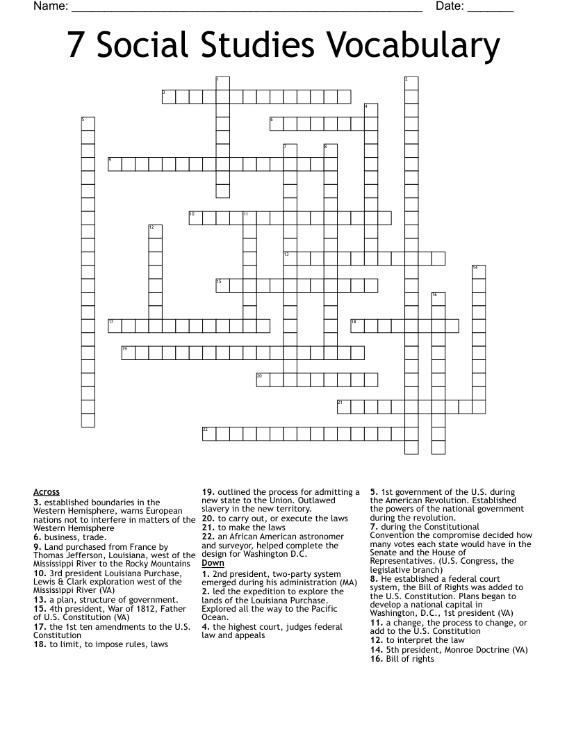7 Social Studies Vocabulary Crossword