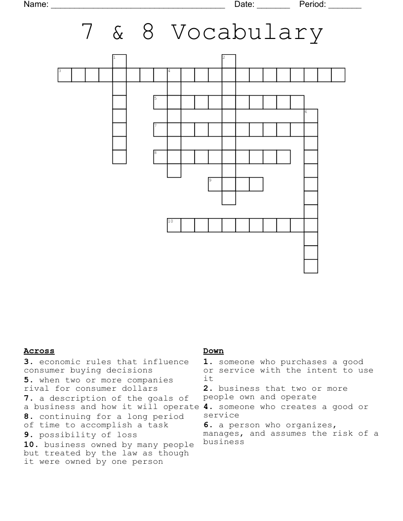 7 & 8 Vocabulary Crossword