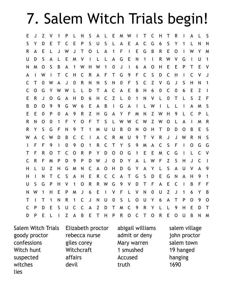 7.  Salem Witch Trials begin! Word Search