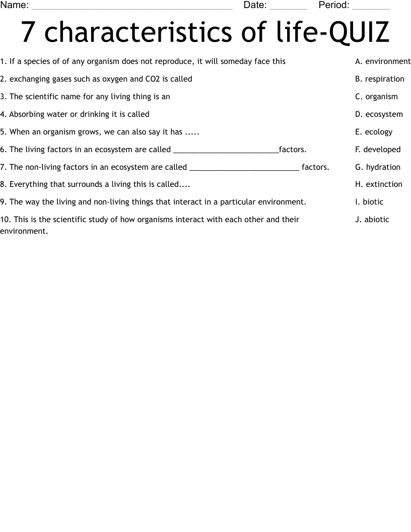 7 characteristics of life-QUIZ Worksheet