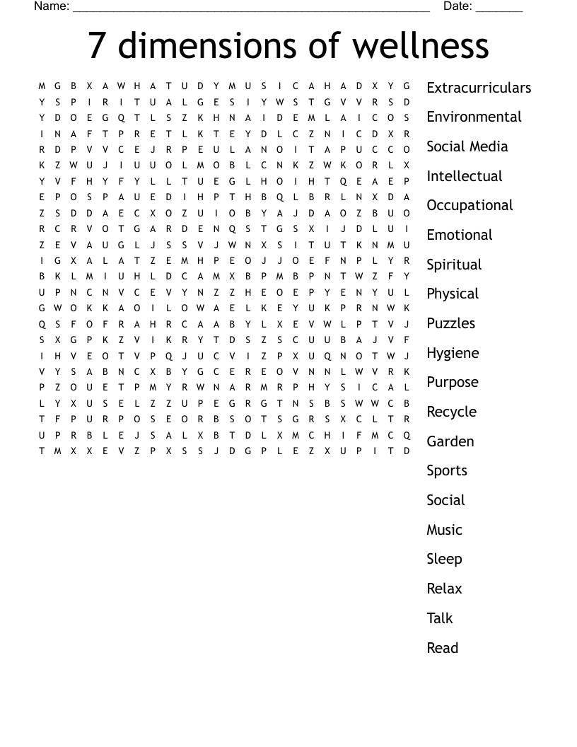 7 dimensions of wellness Word Search