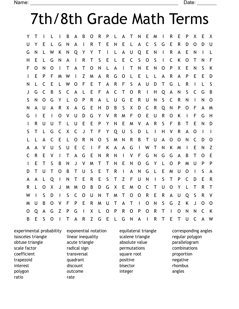 7th/8th Grade Math Terms Word Search