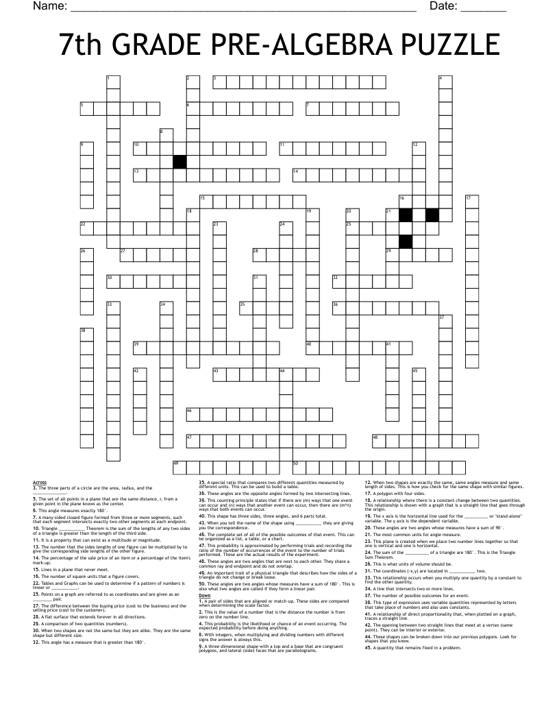 7th GRADE PRE-ALGEBRA PUZZLE Crossword